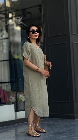 Khaki Linen V-Neck Dress