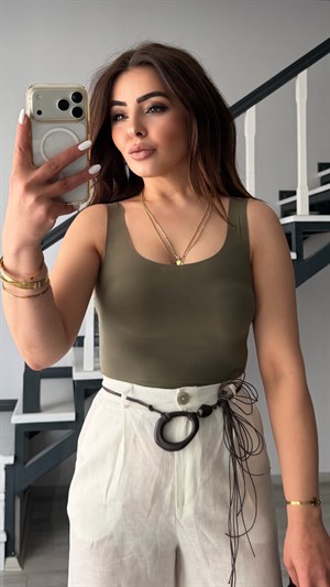 Khaki Laser-Cut Cotton Tank Top