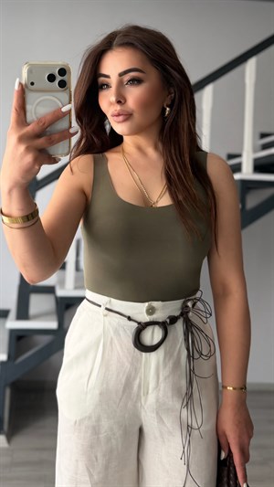 Khaki Laser-Cut Cotton Tank Top