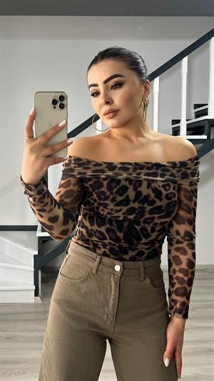 Haki Leopar Desen Tül Bluz 
