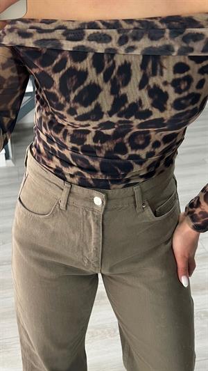 Haki Leopar Desen Tül Bluz 