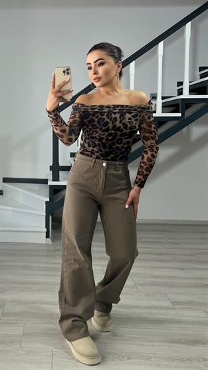 Haki Leopar Desen Tül Bluz 