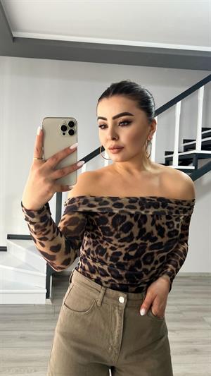 Haki Leopar Desen Tül Bluz 