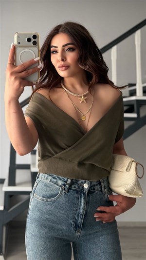 Khaki Lyocell Blend Double-Breasted Blouse