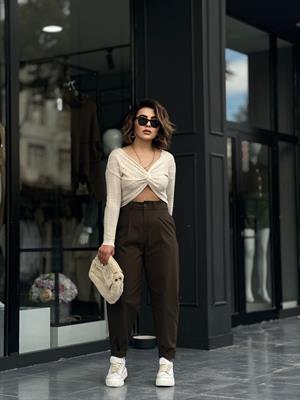 Haki Paça Çıtçıtlı Slouchy Pantolon