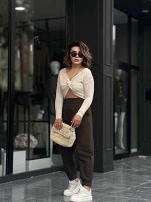 Haki Paça Çıtçıtlı Slouchy Pantolon