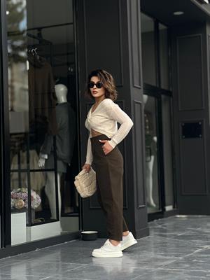 Haki Paça Çıtçıtlı Slouchy Pantolon