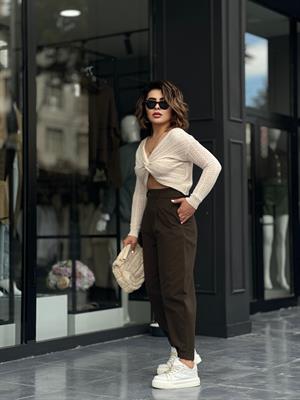 Haki Paça Çıtçıtlı Slouchy Pantolon