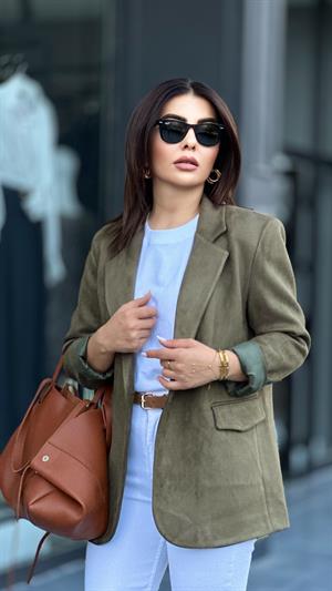 Haki Premium Tek Düğme Süet Blazer Ceket
