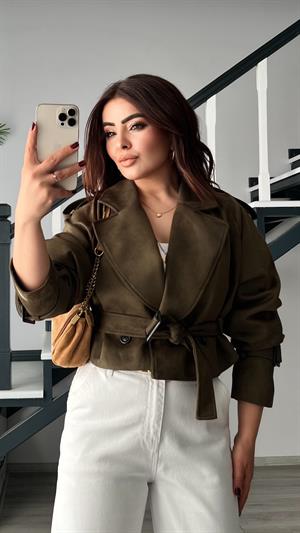 Haki Süet Omuz Apoletli Kuşaklı Trençkot