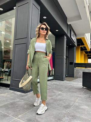 Haki Tensel Kumaş Gömlek Pantolon Takım