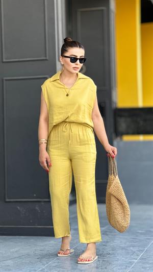 Mustard Yellow Linen Sleeveless Blouse and Trouser Set