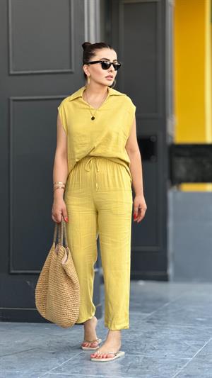 Mustard Yellow Linen Sleeveless Blouse and Trouser Set