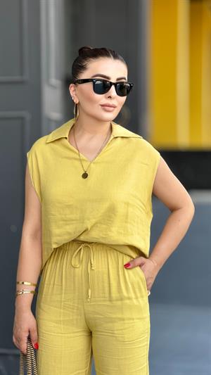 Mustard Yellow Linen Sleeveless Blouse and Trouser Set