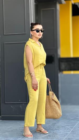 Mustard Yellow Linen Sleeveless Blouse and Trouser Set