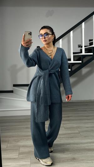 İndigo Bağlama Detaylı Triko Takım