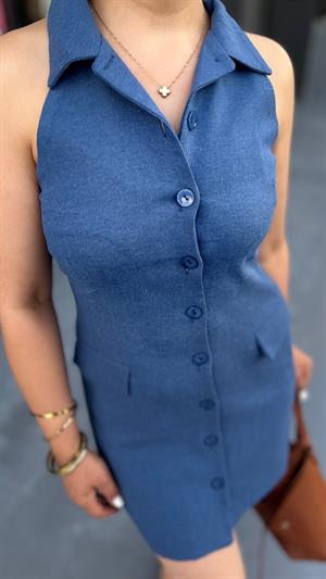İndigo Keten Polo Yaka Mini Elbise
