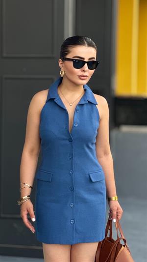 İndigo Keten Polo Yaka Mini Elbise