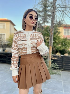 كارديجان محبوك بنمط مفتوح بلون القهوة