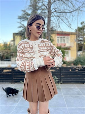 كارديجان محبوك بنمط مفتوح بلون القهوة