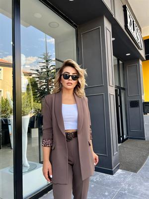 Kahve Astarı Leopar Desenli Blazer Ceket 