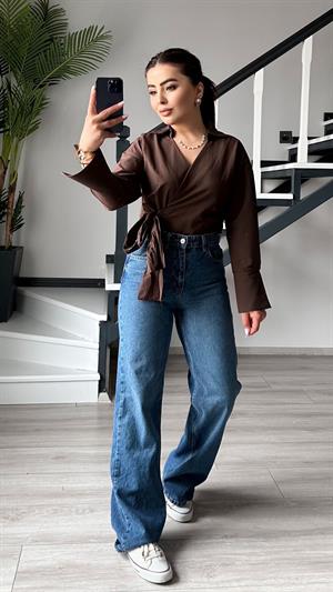 Kahve Bağlama Detaylı Poplin Gömlek