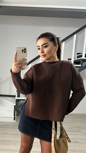 Kahve Basic Yan Yırtmaçlı Sweatshirt