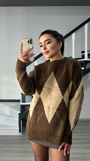 Kahve-Bej Baklava Desenli Kazak 