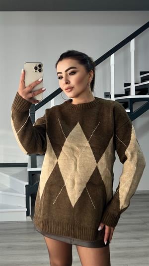 Kahve-Bej Baklava Desenli Kazak 
