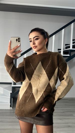 Kahve-Bej Baklava Desenli Kazak 