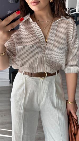 Kahve Boydan Çizgili Oversize Gömlek