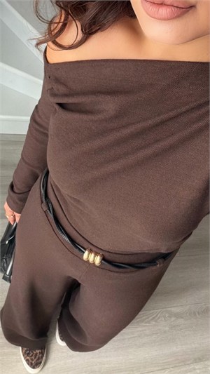 Brown Milano Knit Off-Shoulder Blouse and Trousers Set