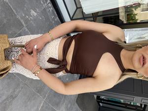 Coffee Double Layer Fabric Lycra Tie-Up Blouse