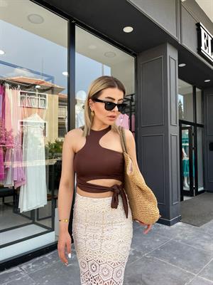 Coffee Double Layer Fabric Lycra Tie-Up Blouse