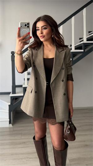 Kahve Ekoseli Astarlı Premium Blazer Ceket