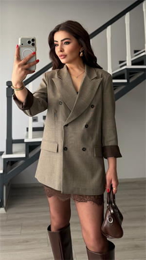 Kahve Ekoseli Astarlı Premium Blazer Ceket