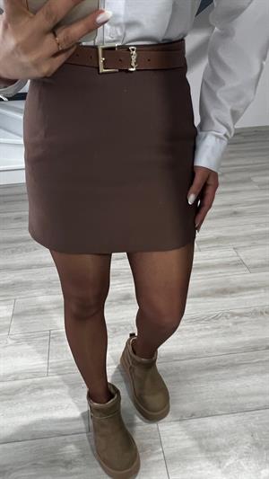 Kahve Fermuarlı Mini Kumaş Etek 