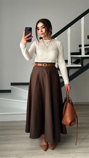 Kahve Gabardin Kendinden Kemerli Çan Etek