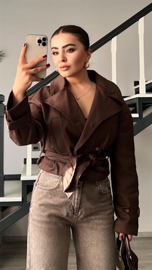 Kahve Gabardin Kuşaklı Trençkot