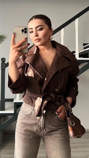 Kahve Gabardin Kuşaklı Trençkot