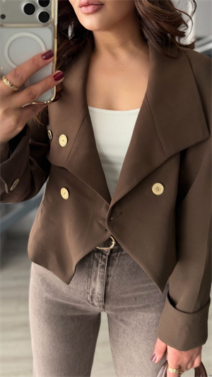 Kahve Gold Düğme Detaylı Crop Ceket