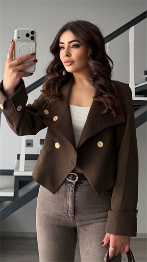 Kahve Gold Düğme Detaylı Crop Ceket