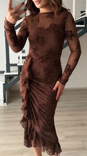 Kahve Gül Motifli Astarlı Fırfırlı Elbise