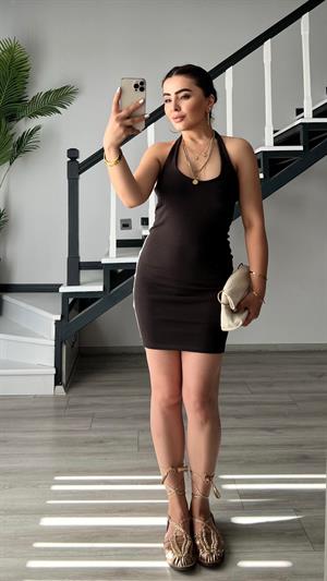 Kahve Halter Yaka Mini Elbise