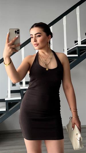 Kahve Halter Yaka Mini Elbise