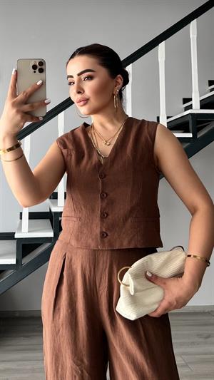 Kahve Ham Keten Yelek Pantolon Takım
