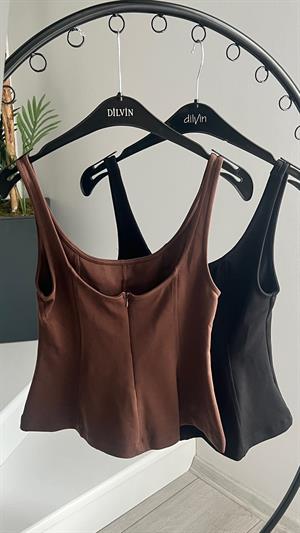 Kahve Kalın Askılı Peplum Bluz