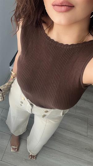 Kahve Kayık Yaka Triko Bluz