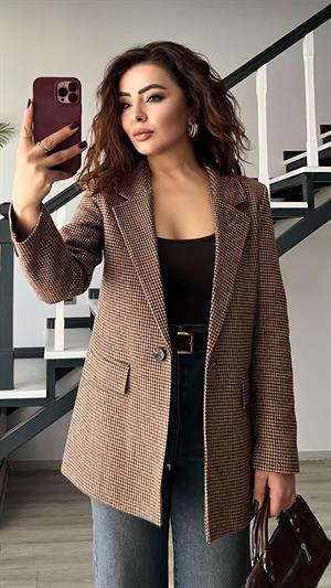 Kahve Kazayağı Tek Düğme Blazer Ceket