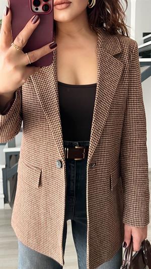 Kahve Kazayağı Tek Düğme Blazer Ceket